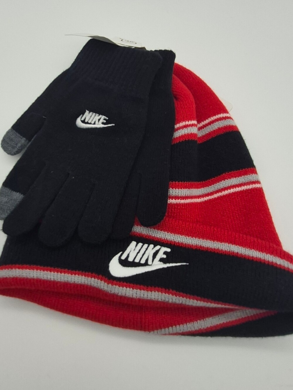 Youth Nike Red, Black & Gray Striped Knit Beanie with Black Gloves